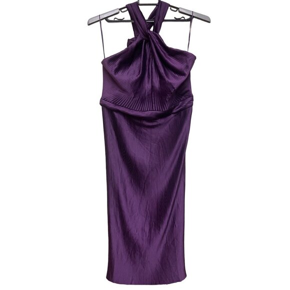 NEW! Show PO Marlette Midi Pleated Open Back Halter Dress Purple Women's 14 - Picture 3 of 12